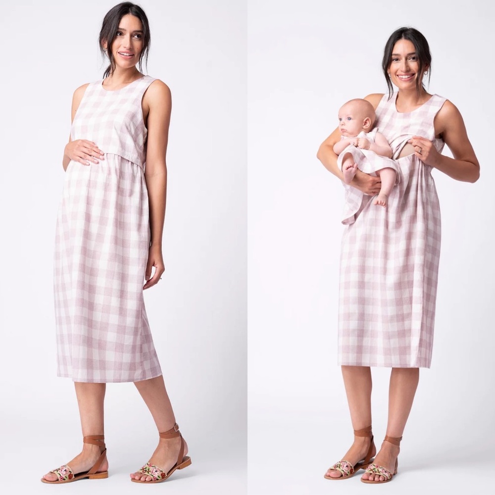 NWT SERAPHINE Regan Gingham Cotton Maternity to Nursing Dress -Mauve & White